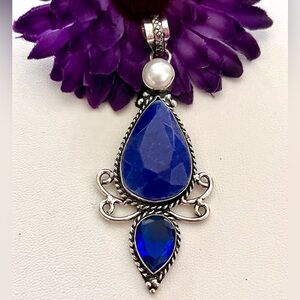 Pearl & Burmese Blue Sapphire Silver Gemstone 3” Pendant